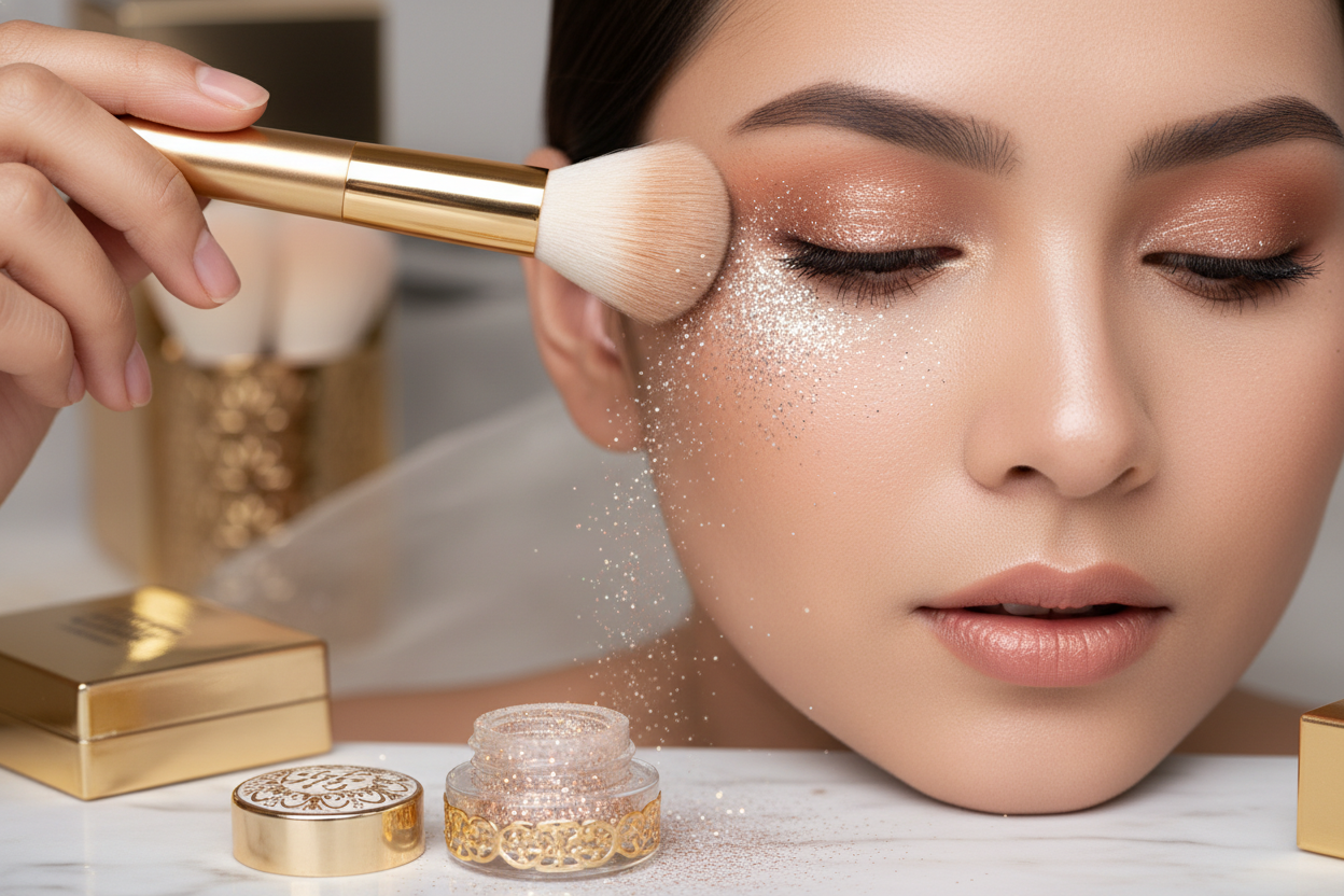 Girl using dust glitter on eyes 